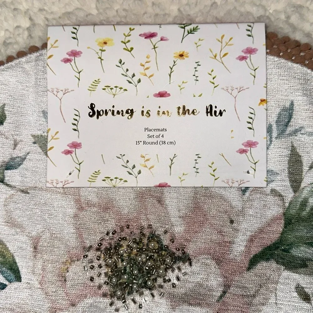 Set of 4 Spring is in the Air White Green Tan Floral Round Beaded Place Mats